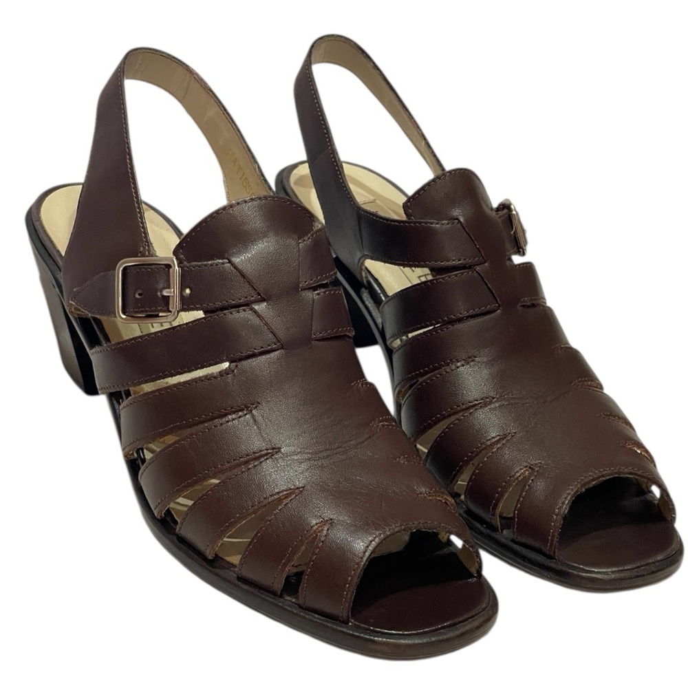 NICOLE MATISSE BROWN LEATHER STRAPPY OPEN TOE BLOCK HEELS SZ 7 MED